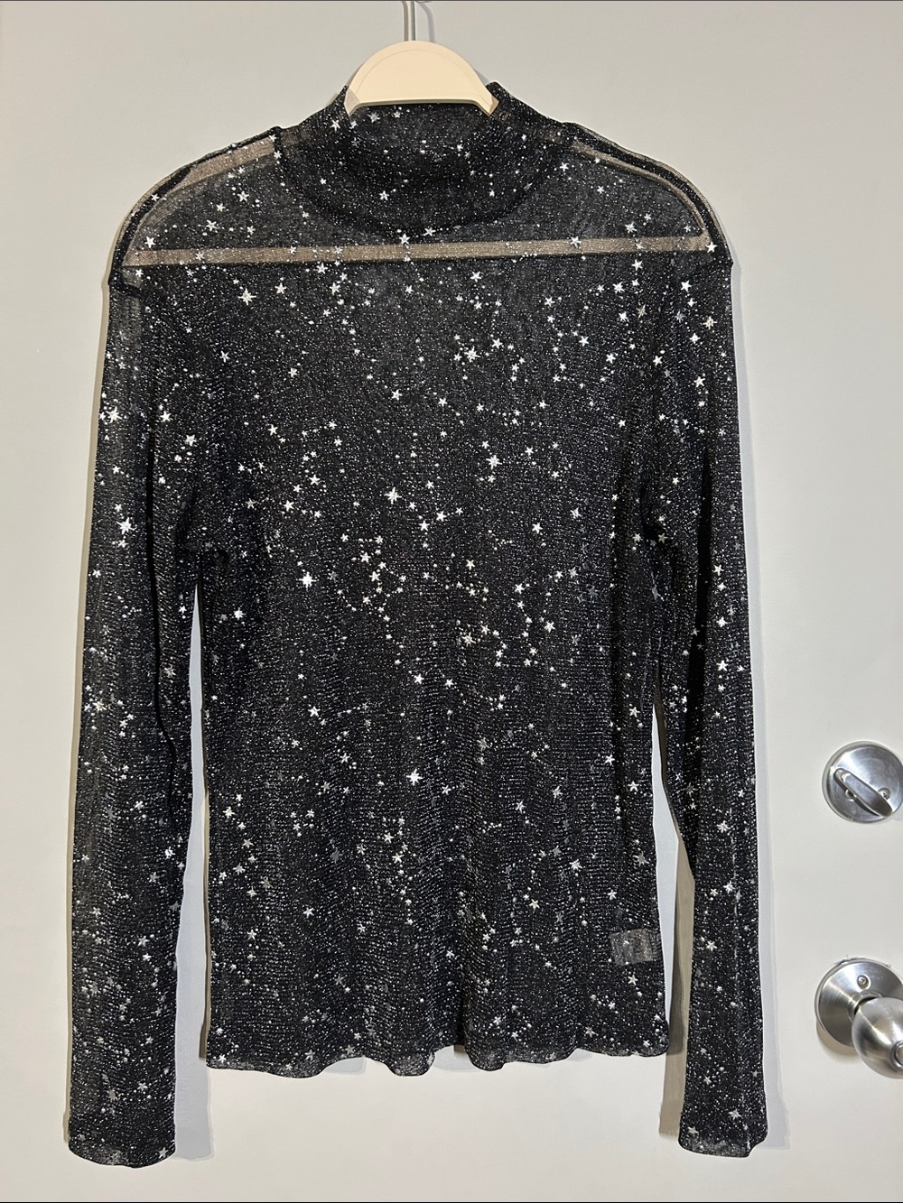 Mango Black Sheer Mesh Star Constellation Print Mock Neck Long Sleeve Top